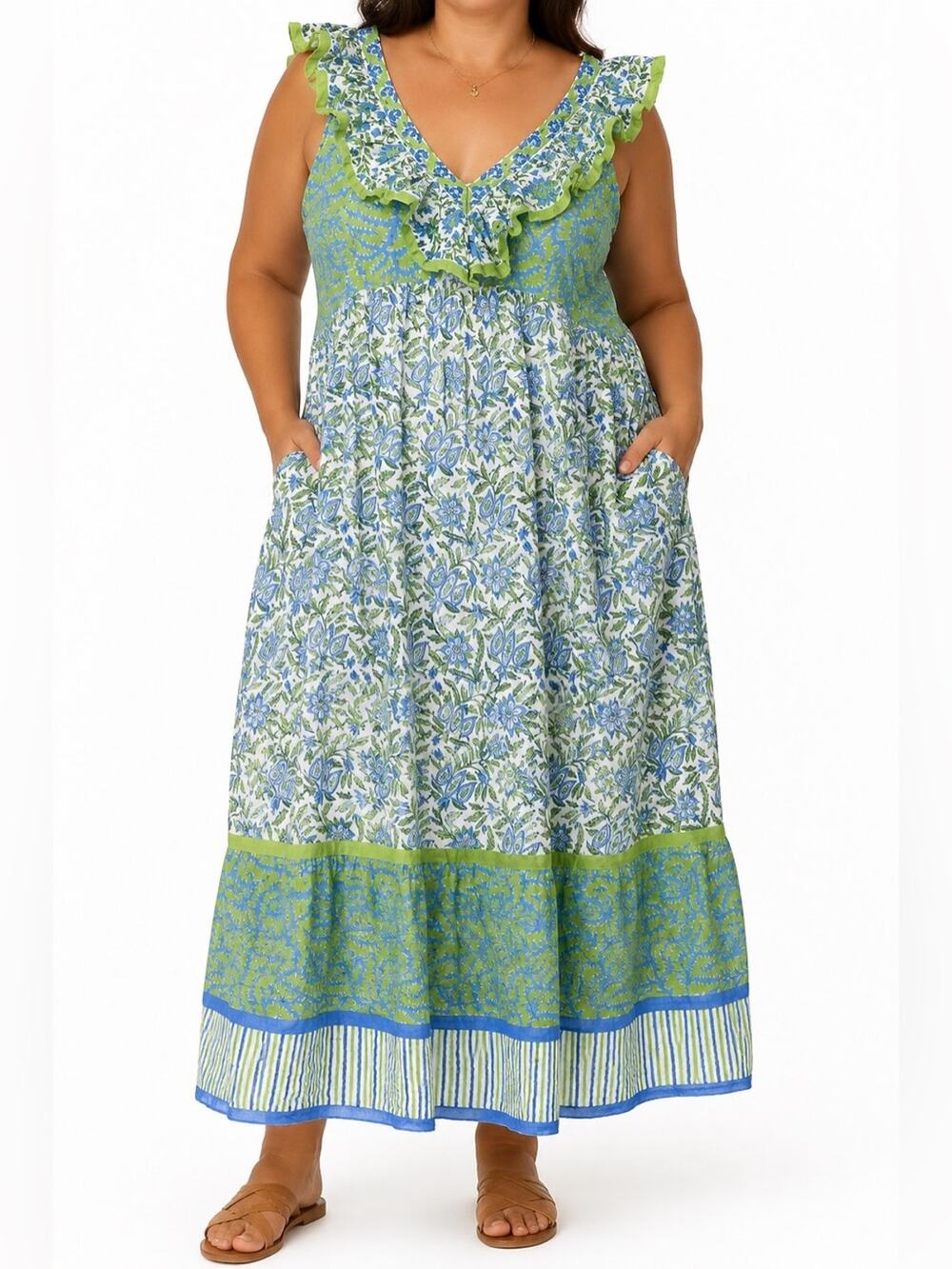 Bella Tu Ruffle Resortwear Cotton Blue & Green Floral Midi Dress Size Large